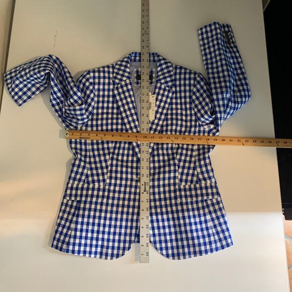 J Crew Blazer Womens 12 Petite Blue White Gingham Schoolboy Linen Shoulder Pads - Picture 9 of 12
